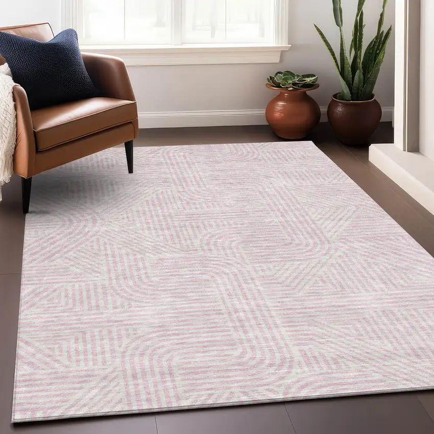 Pink And Ivory Abstract Geometric Washable Area Rug With UV Protection Photo 4