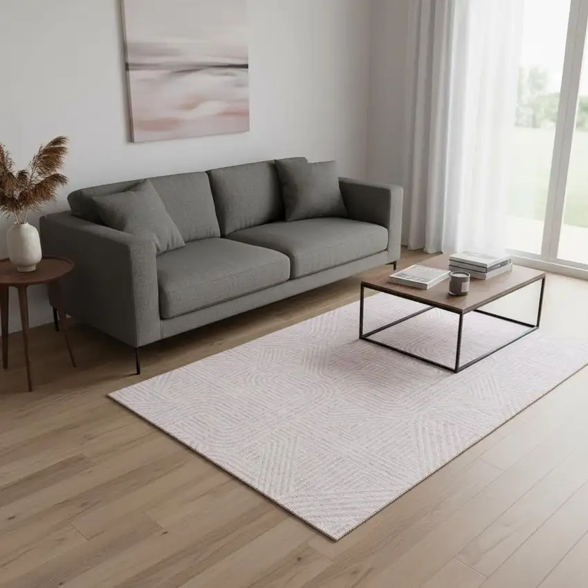 Pink And Ivory Abstract Geometric Washable Area Rug With UV Protection Photo 2