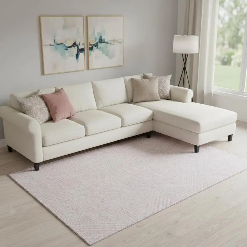 Pink And Ivory Abstract Geometric Washable Area Rug With UV Protection Photo 1