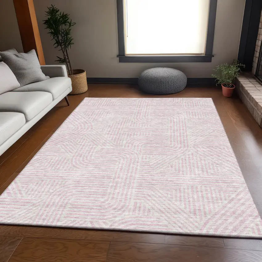 Pink And Ivory Abstract Geometric Washable Area Rug With UV Protection Photo 5