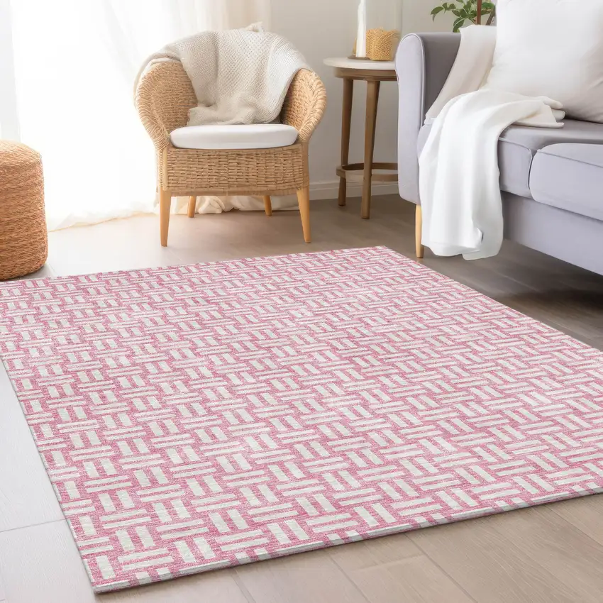 Pink And Ivory Abstract Geometric Washable Area Rug With UV Protection Photo 4