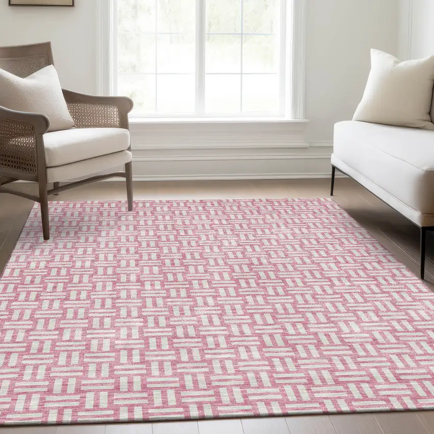 Pink And Ivory Abstract Geometric Washable Area Rug With UV Protection Photo 4