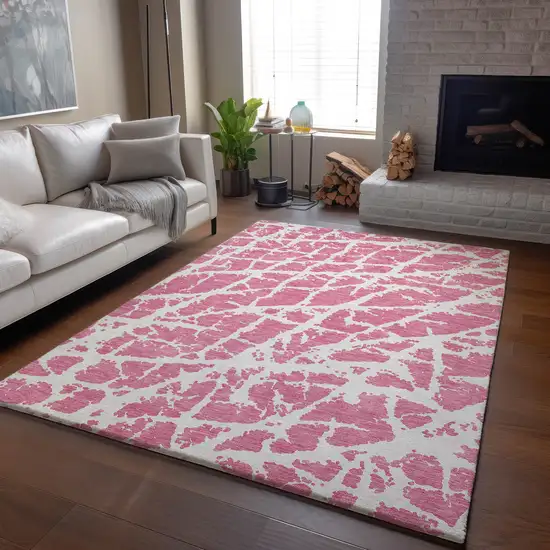 Pink And Ivory Abstract Washable Area Rug With UV Protection Photo 6