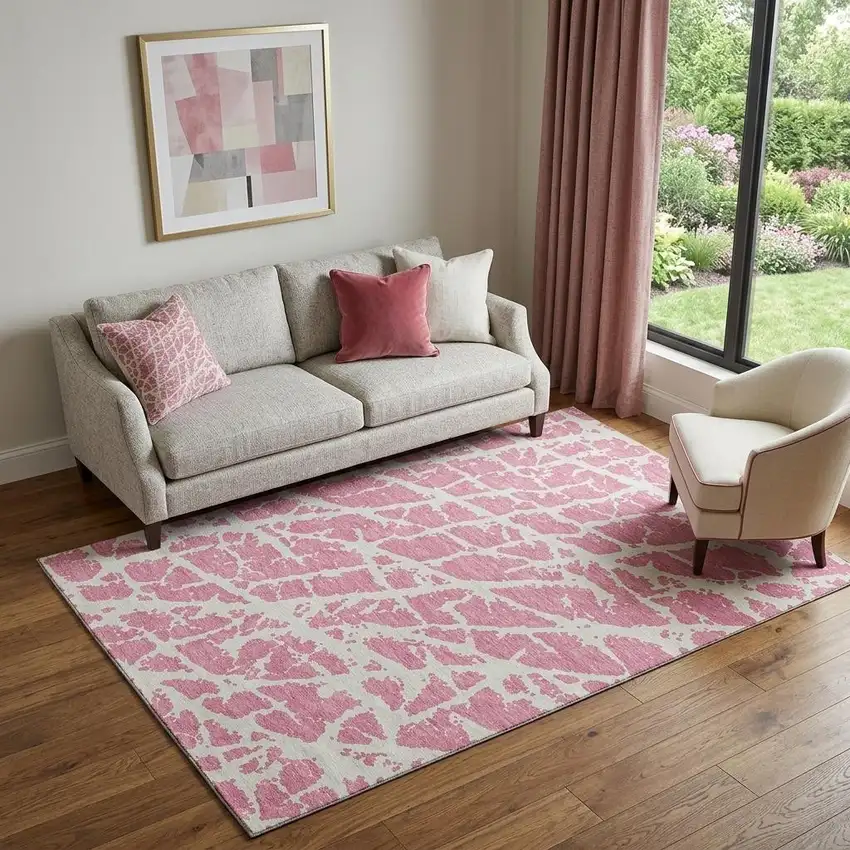 Pink And Ivory Abstract Washable Area Rug With UV Protection Photo 1