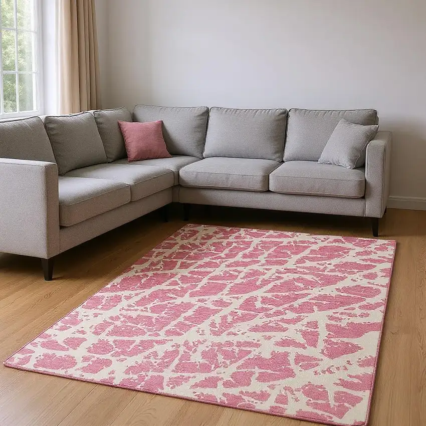 Pink And Ivory Abstract Washable Area Rug With UV Protection Photo 2