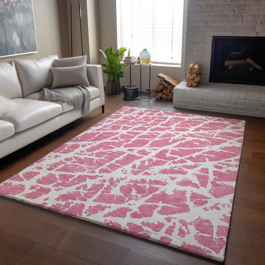 Pink And Ivory Abstract Washable Area Rug With UV Protection Photo 6