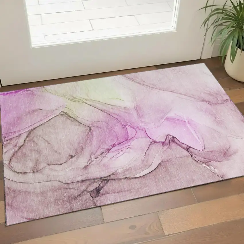 Pink And Ivory Abstract Washable Area Rug With UV Protection Photo 1