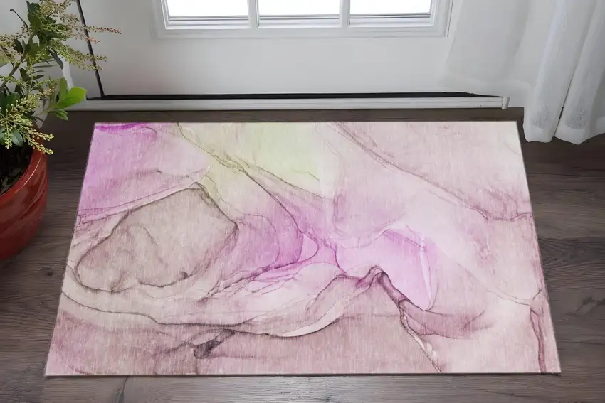 Pink And Ivory Abstract Washable Area Rug With UV Protection Photo 2