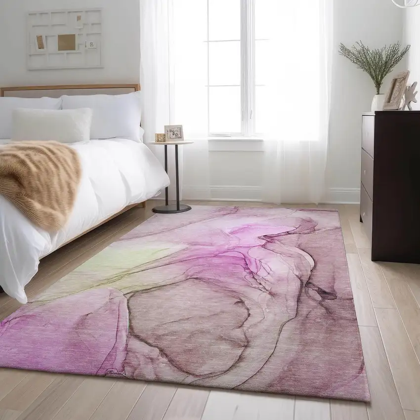 Pink And Ivory Abstract Washable Area Rug With UV Protection Photo 6