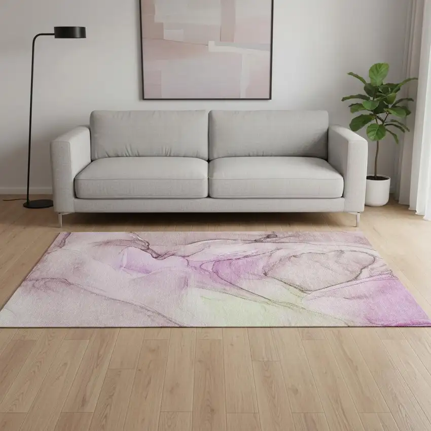Pink And Ivory Abstract Washable Area Rug With UV Protection Photo 3