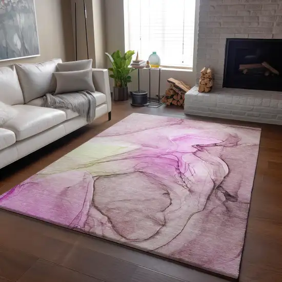 Pink And Ivory Abstract Washable Area Rug With UV Protection Photo 5