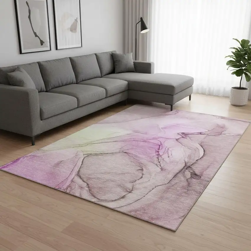 Pink And Ivory Abstract Washable Area Rug With UV Protection Photo 1