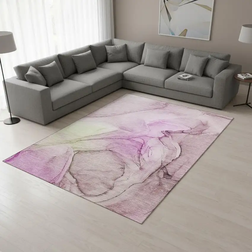 Pink And Ivory Abstract Washable Area Rug With UV Protection Photo 2
