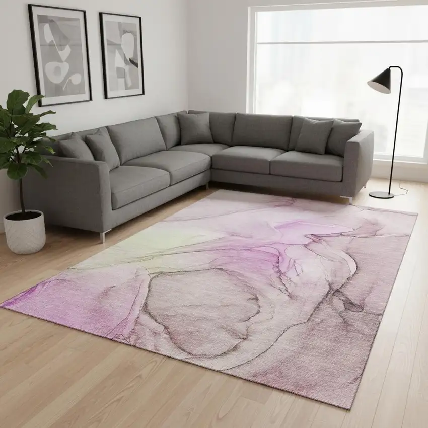 Pink And Ivory Abstract Washable Area Rug With UV Protection Photo 1