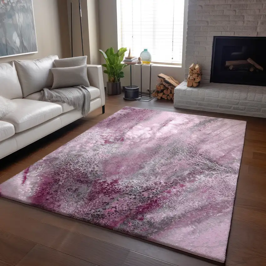 Pink And Ivory Abstract Washable Area Rug With UV Protection Photo 6