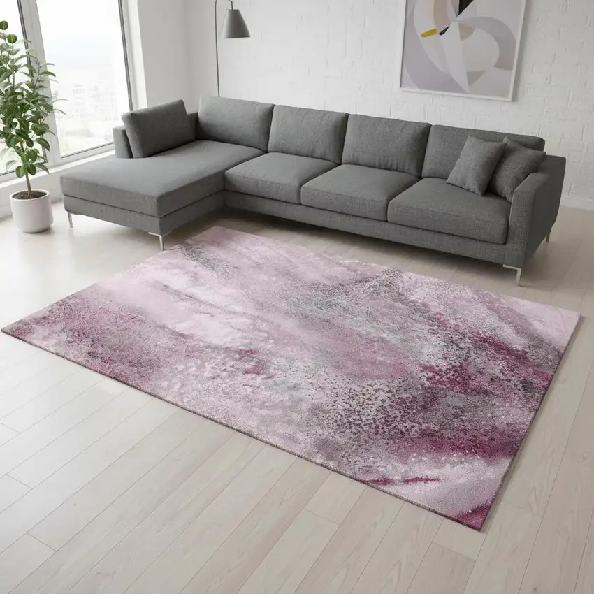 Pink And Ivory Abstract Washable Area Rug With UV Protection Photo 1