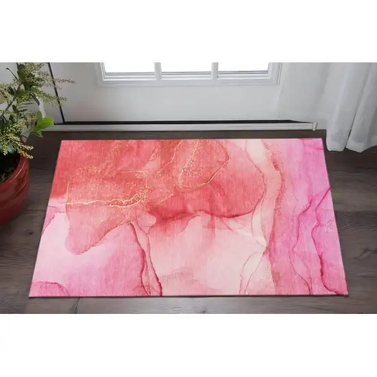Pink And Ivory Abstract Washable Area Rug With UV Protection Photo 2