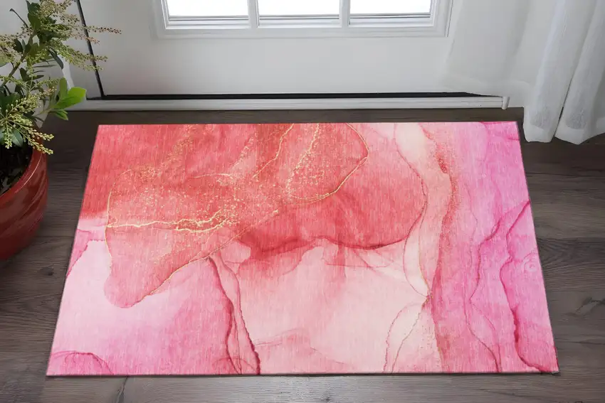 Pink And Ivory Abstract Washable Area Rug With UV Protection Photo 2