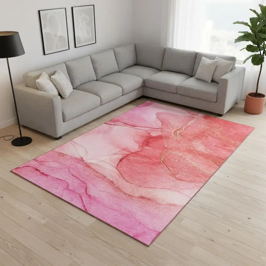 Pink And Ivory Abstract Washable Area Rug With UV Protection Photo 1