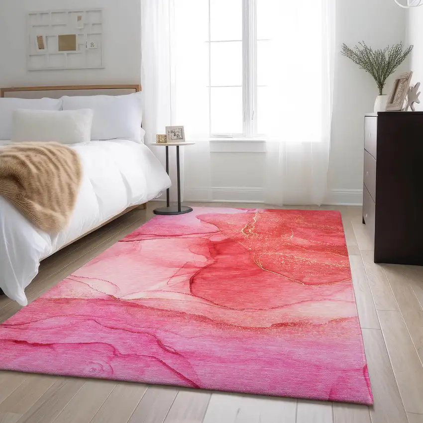 Pink And Ivory Abstract Washable Area Rug With UV Protection Photo 4