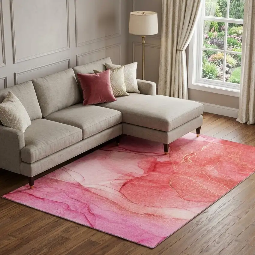 Pink And Ivory Abstract Washable Area Rug With UV Protection Photo 1