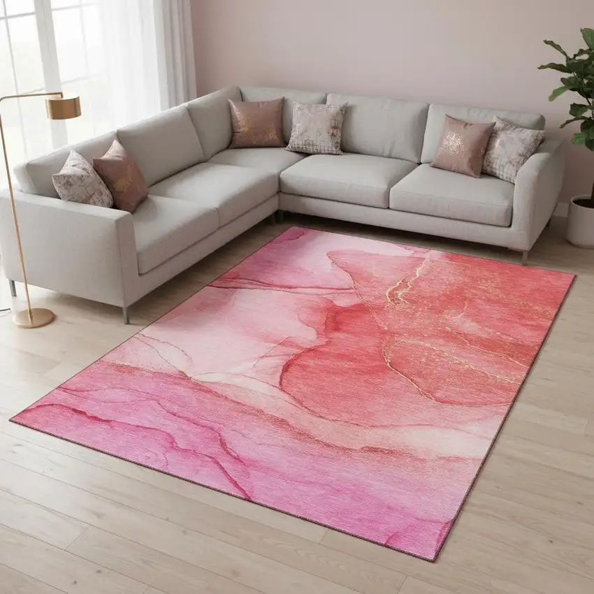 Pink And Ivory Abstract Washable Area Rug With UV Protection Photo 1