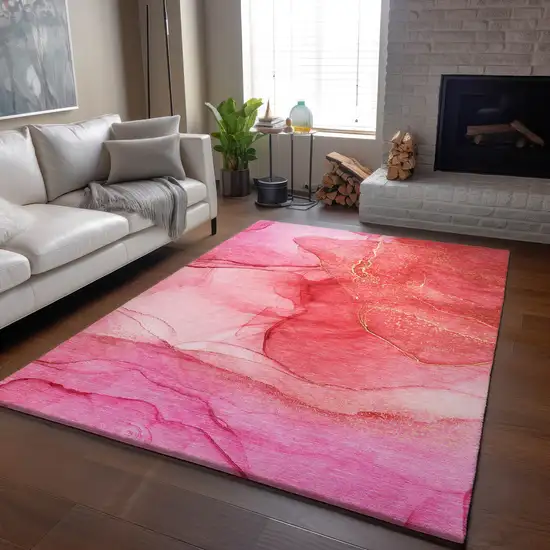 Pink And Ivory Abstract Washable Area Rug With UV Protection Photo 5
