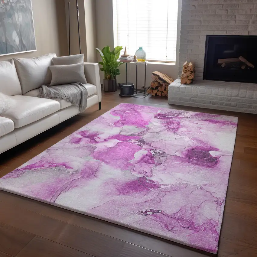 Pink And Ivory Abstract Washable Area Rug With UV Protection Photo 6