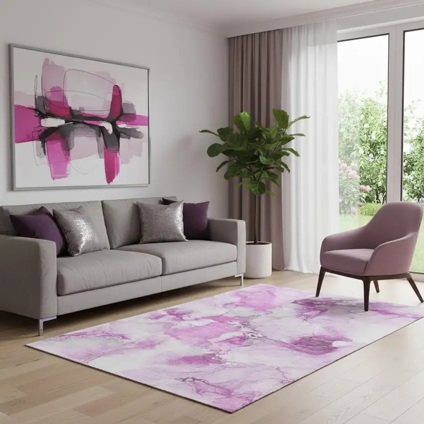 Pink And Ivory Abstract Washable Area Rug With UV Protection Photo 1