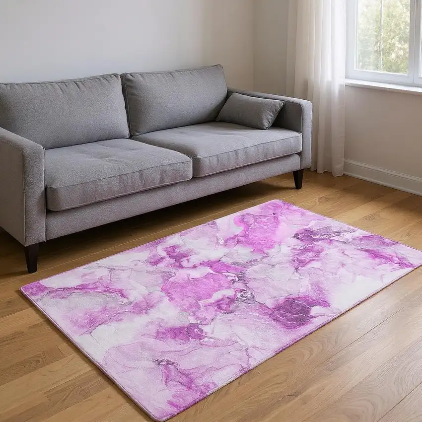 Pink And Ivory Abstract Washable Area Rug With UV Protection Photo 2