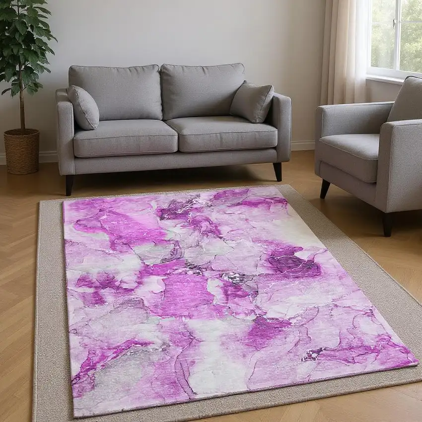 Pink And Ivory Abstract Washable Area Rug With UV Protection Photo 2