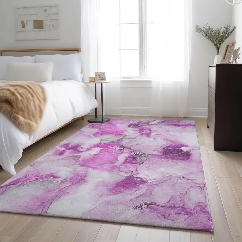Pink And Ivory Abstract Washable Area Rug With UV Protection Photo 5