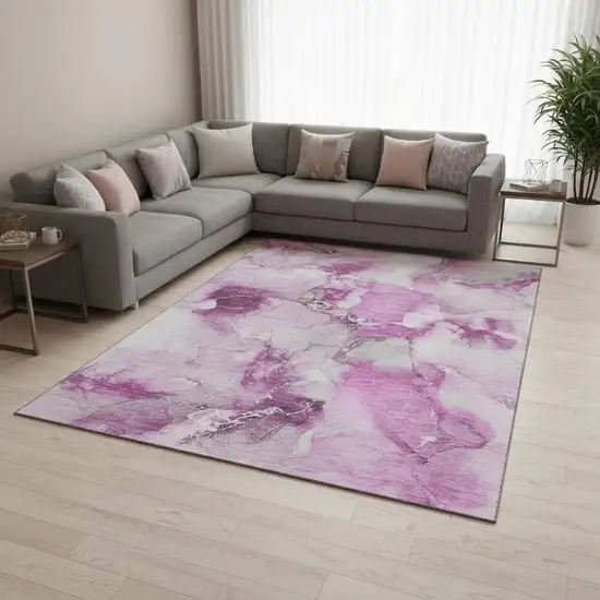 Pink And Ivory Abstract Washable Area Rug With UV Protection Photo 1