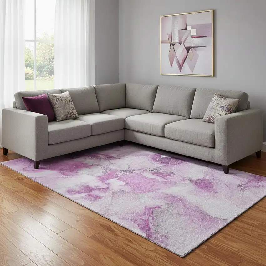 Pink And Ivory Abstract Washable Area Rug With UV Protection Photo 1