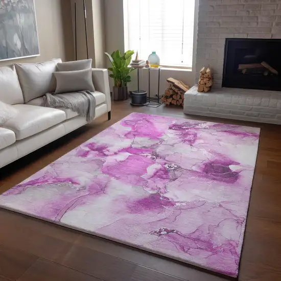Pink And Ivory Abstract Washable Area Rug With UV Protection Photo 6
