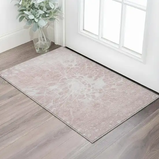 Pink And Ivory Abstract Washable Area Rug With UV Protection Photo 2