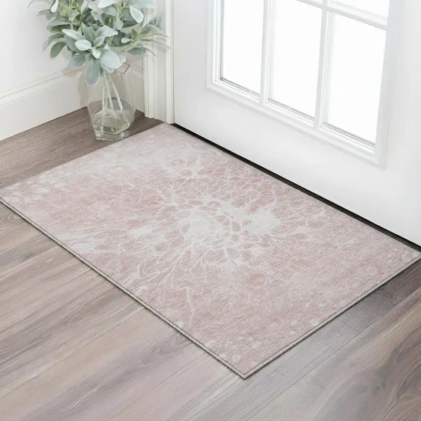 Pink And Ivory Abstract Washable Area Rug With UV Protection Photo 2