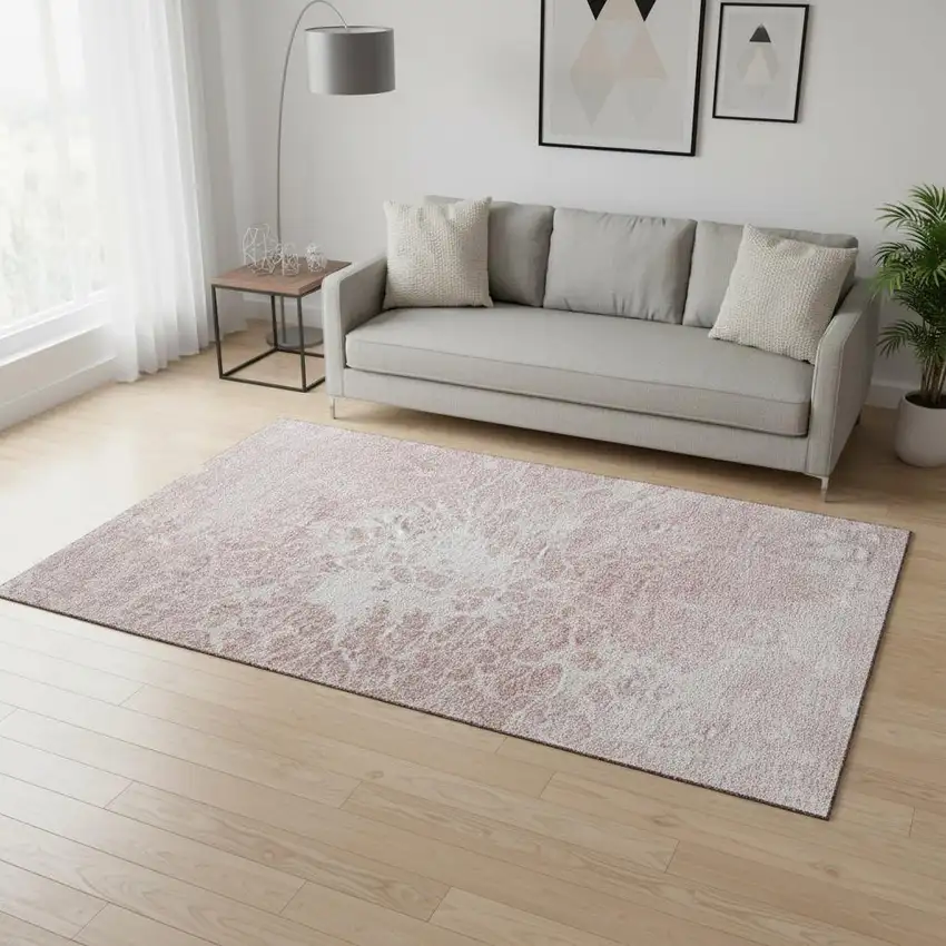 Pink And Ivory Abstract Washable Area Rug With UV Protection Photo 1