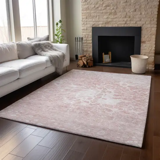Pink And Ivory Abstract Washable Area Rug With UV Protection Photo 4