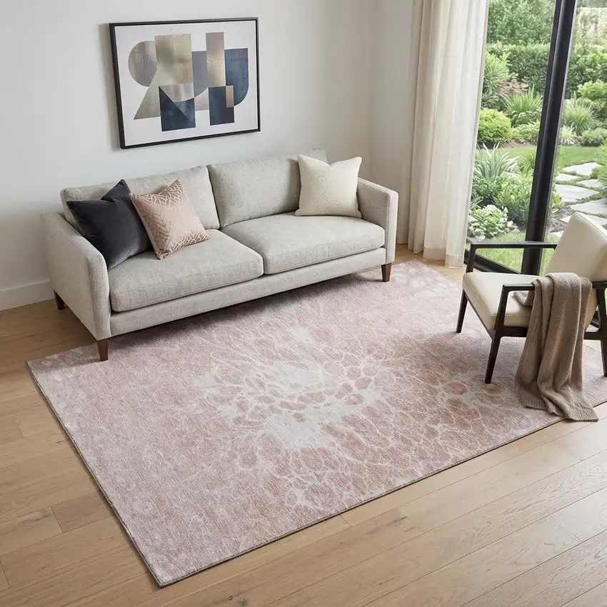 Pink And Ivory Abstract Washable Area Rug With UV Protection Photo 1