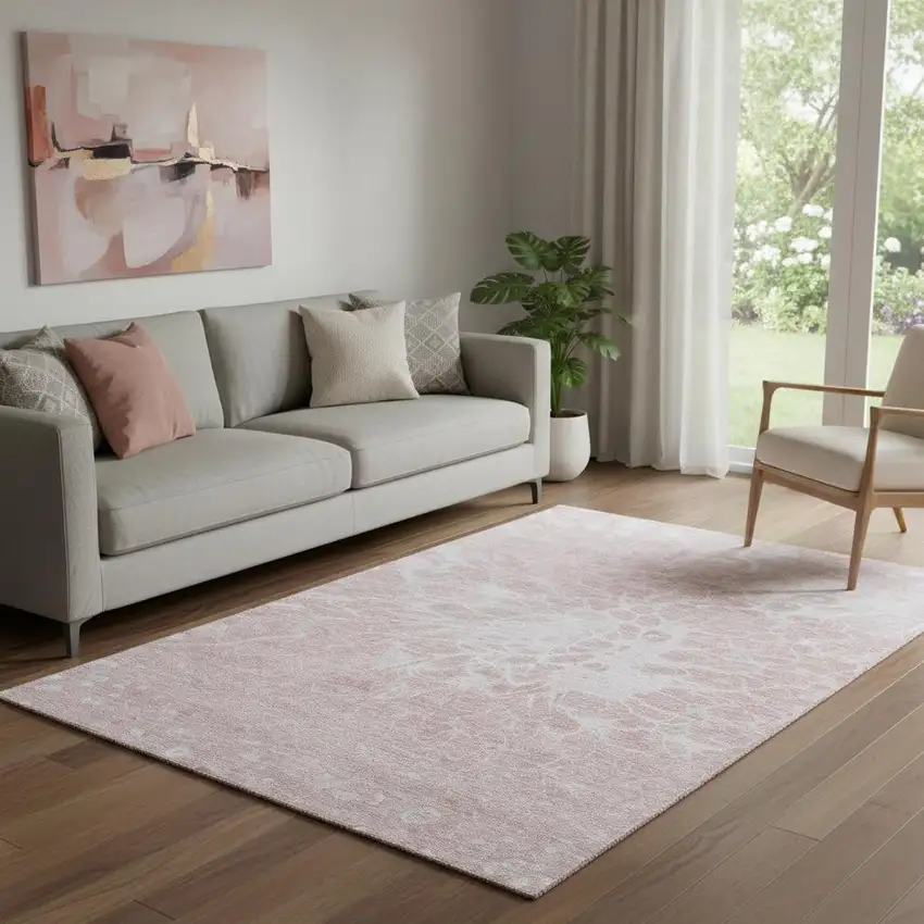 Pink And Ivory Abstract Washable Area Rug With UV Protection Photo 1