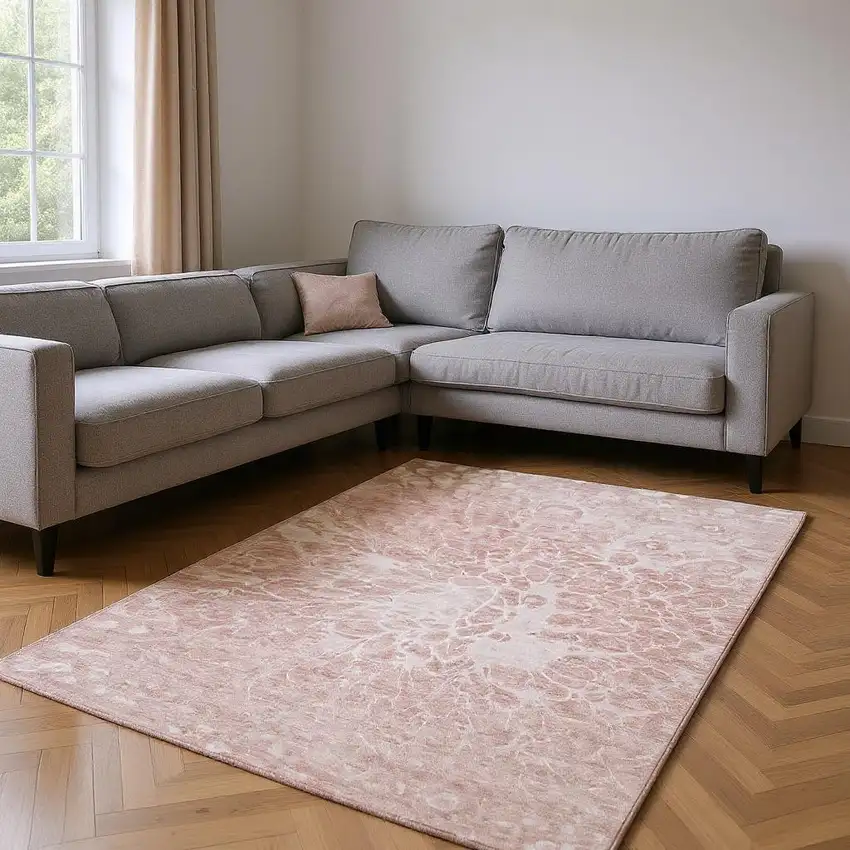 Pink And Ivory Abstract Washable Area Rug With UV Protection Photo 2