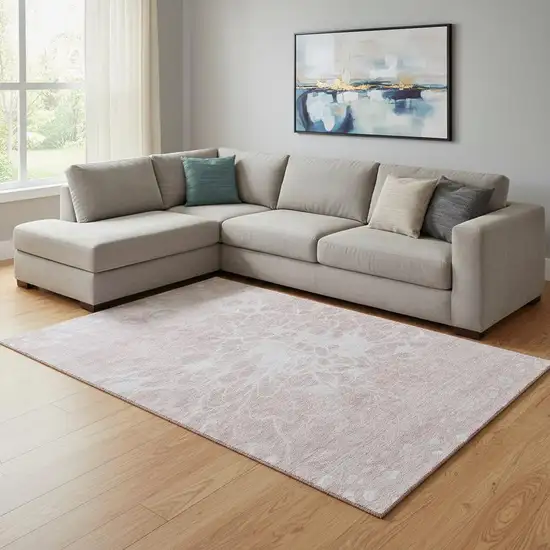 Pink And Ivory Abstract Washable Area Rug With UV Protection Photo 1