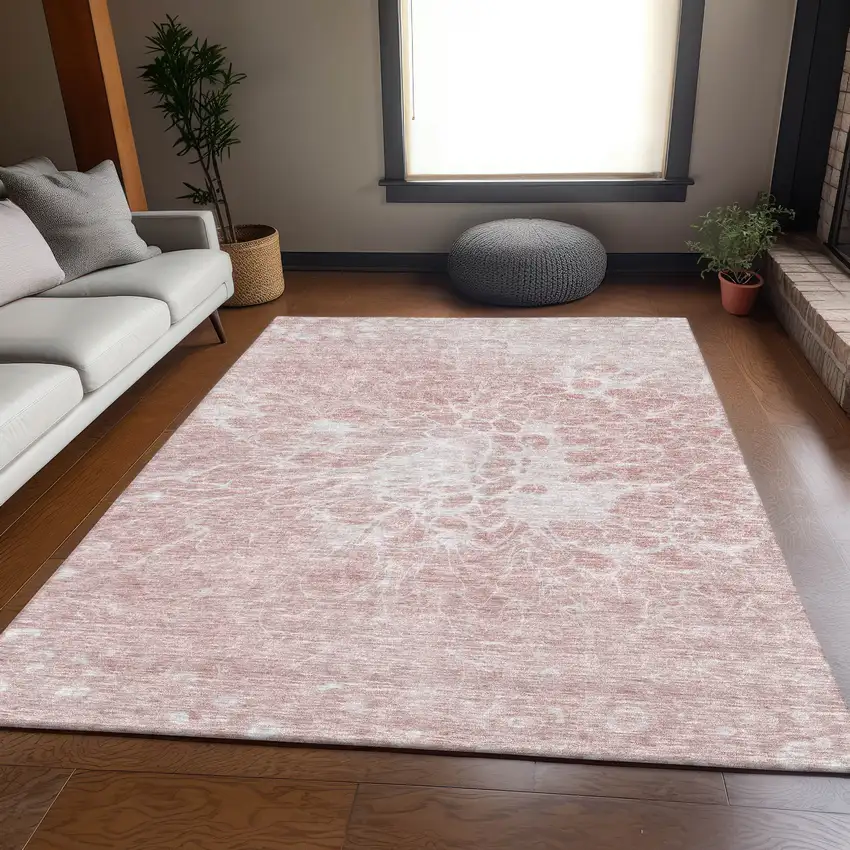 Pink And Ivory Abstract Washable Area Rug With UV Protection Photo 5