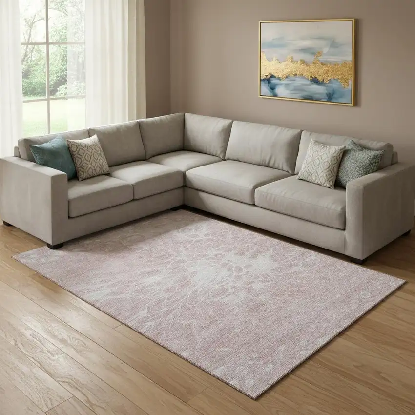 Pink And Ivory Abstract Washable Area Rug With UV Protection Photo 1