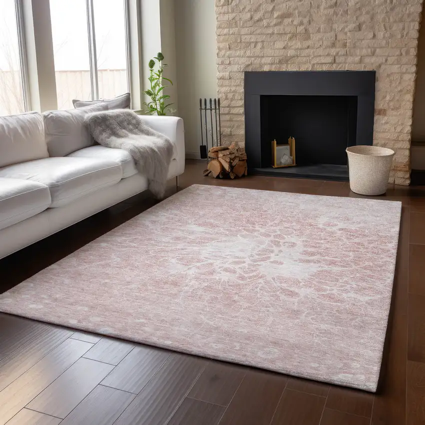Pink And Ivory Abstract Washable Area Rug With UV Protection Photo 6