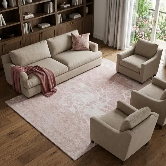 Pink And Ivory Abstract Washable Area Rug With UV Protection Photo 1