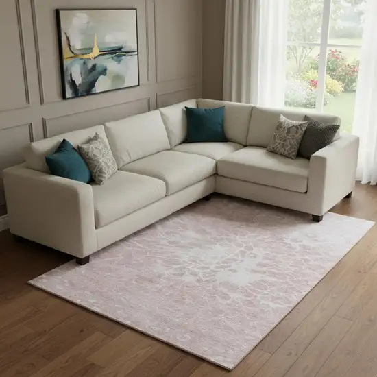 Pink And Ivory Abstract Washable Area Rug With UV Protection Photo 1