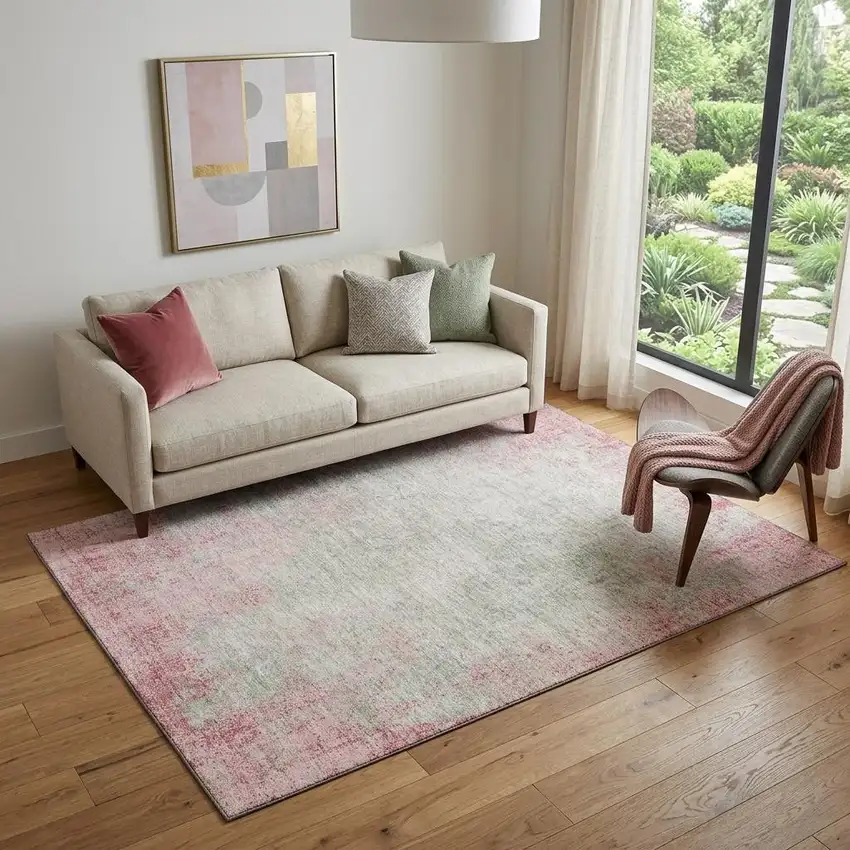 Pink And Ivory Abstract Washable Area Rug With UV Protection Photo 1