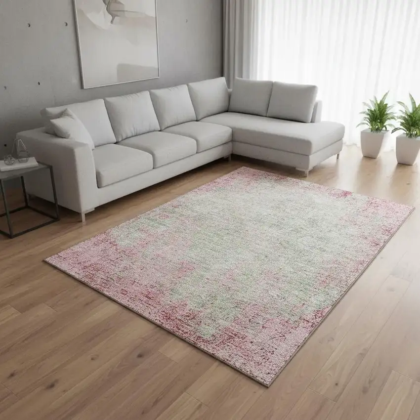 Pink And Ivory Abstract Washable Area Rug With UV Protection Photo 2